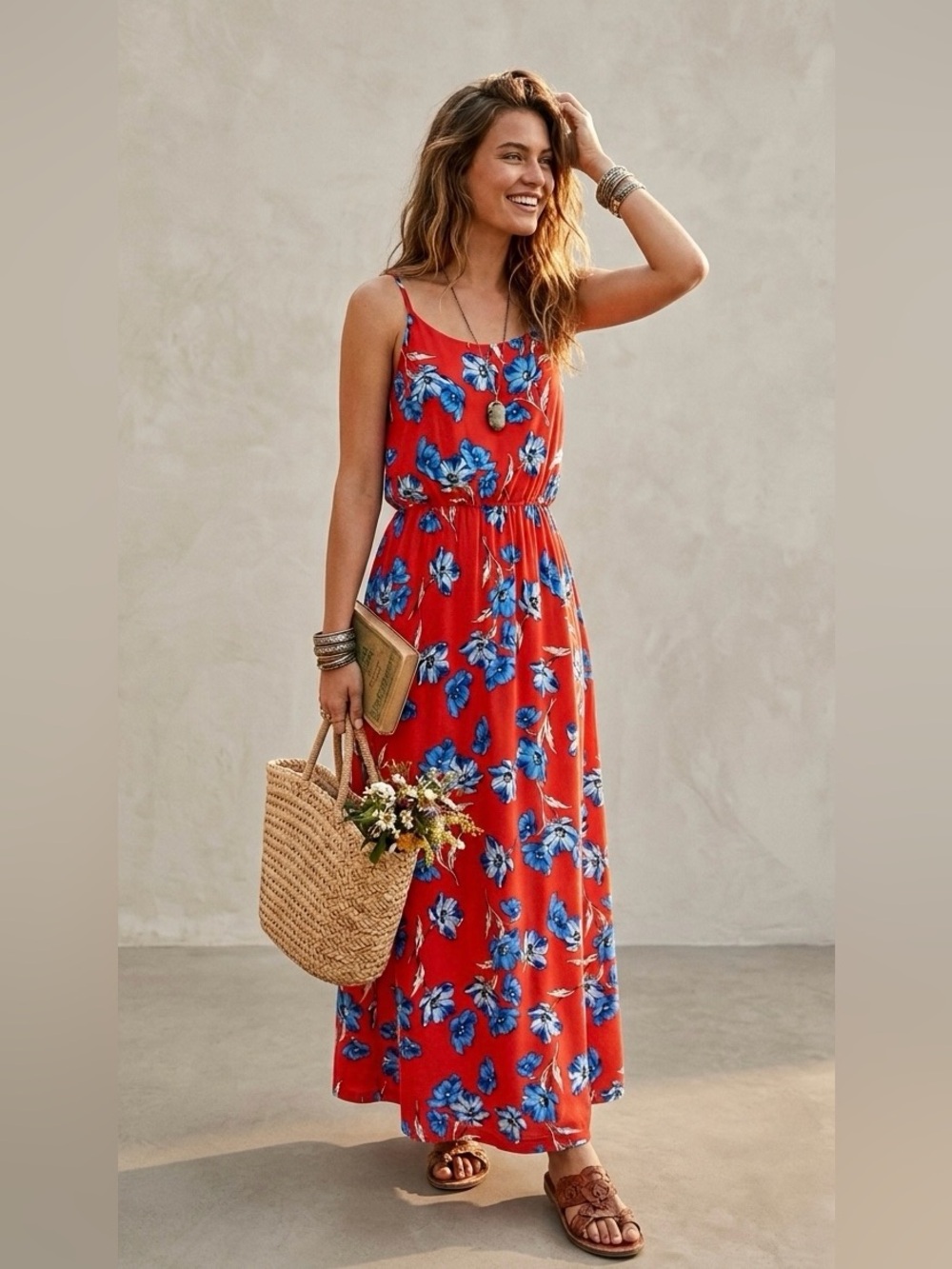 CeCe Red Maxi Dress with Blue Floral Print